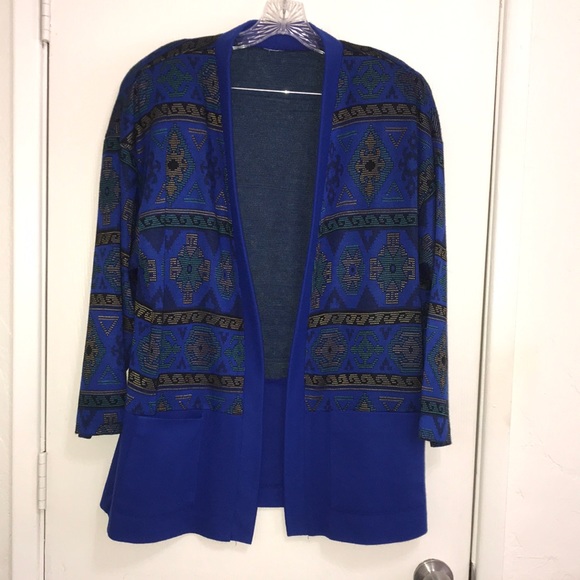 Graff Californiawear Vintage Open Front Cardigan Geometric Royal Blue/Gold/Green - Picture 15 of 15